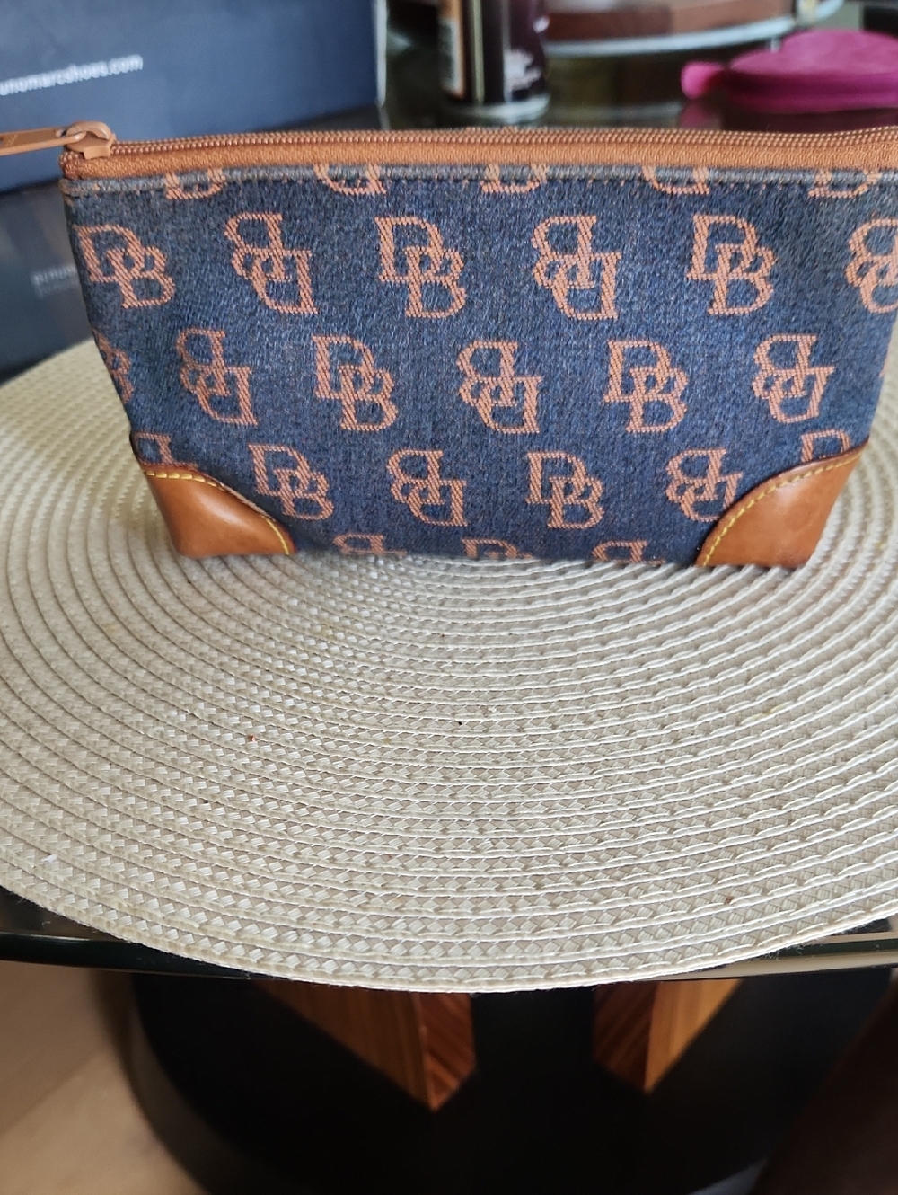 Dooney & Bourke B Monogram Denim Zip Pouch with Tan Leather Trim